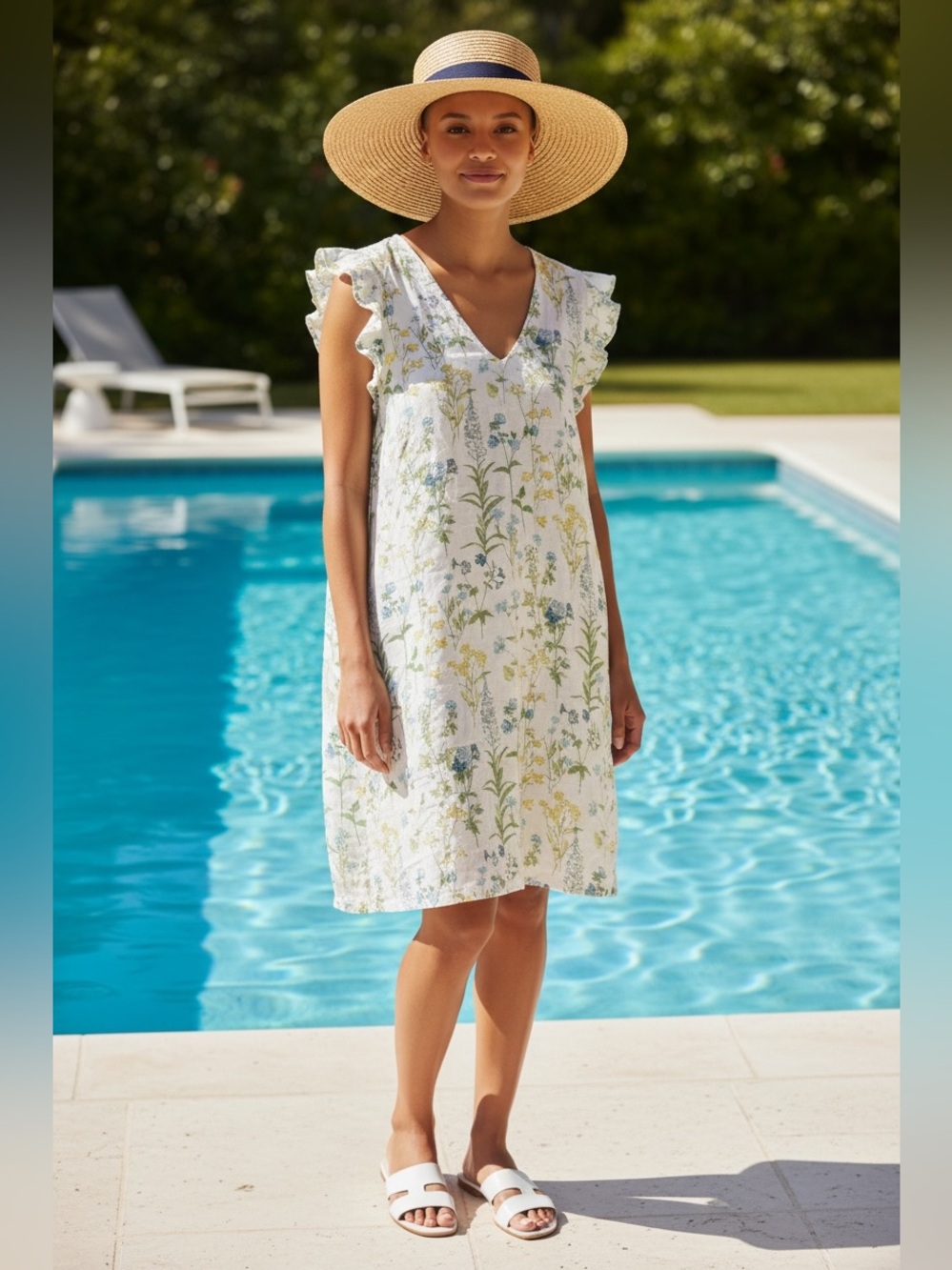 Laura Ashley 100% Linen Floral Midi Dress Size XL Ruffle Sleeves Summer Casual